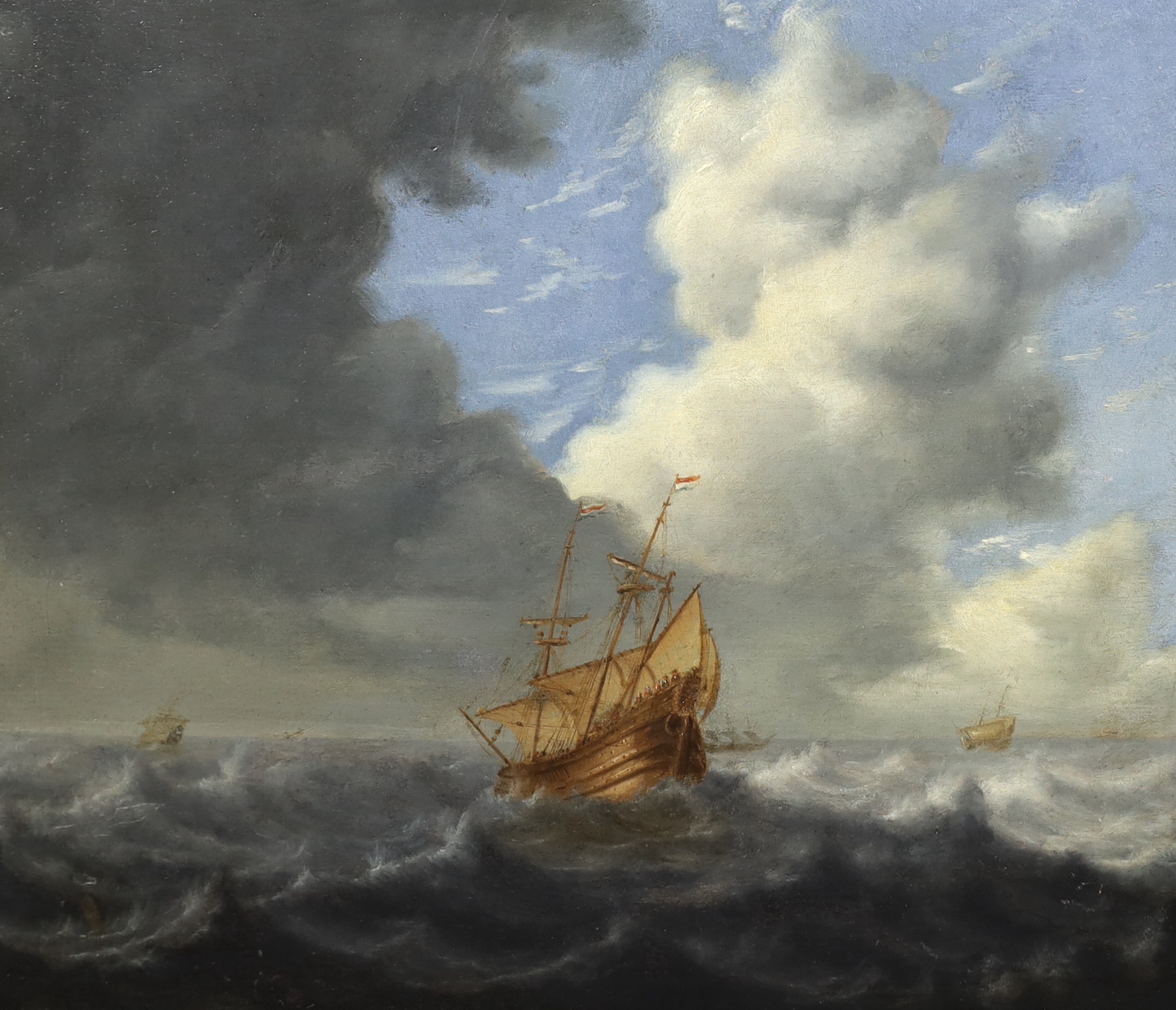 17th century Dutch School, Shipping in a choppy sea, oil on panel, 34 x 38.5cm, Please note this lot attracts an additional import tax of 5% on the hammer price